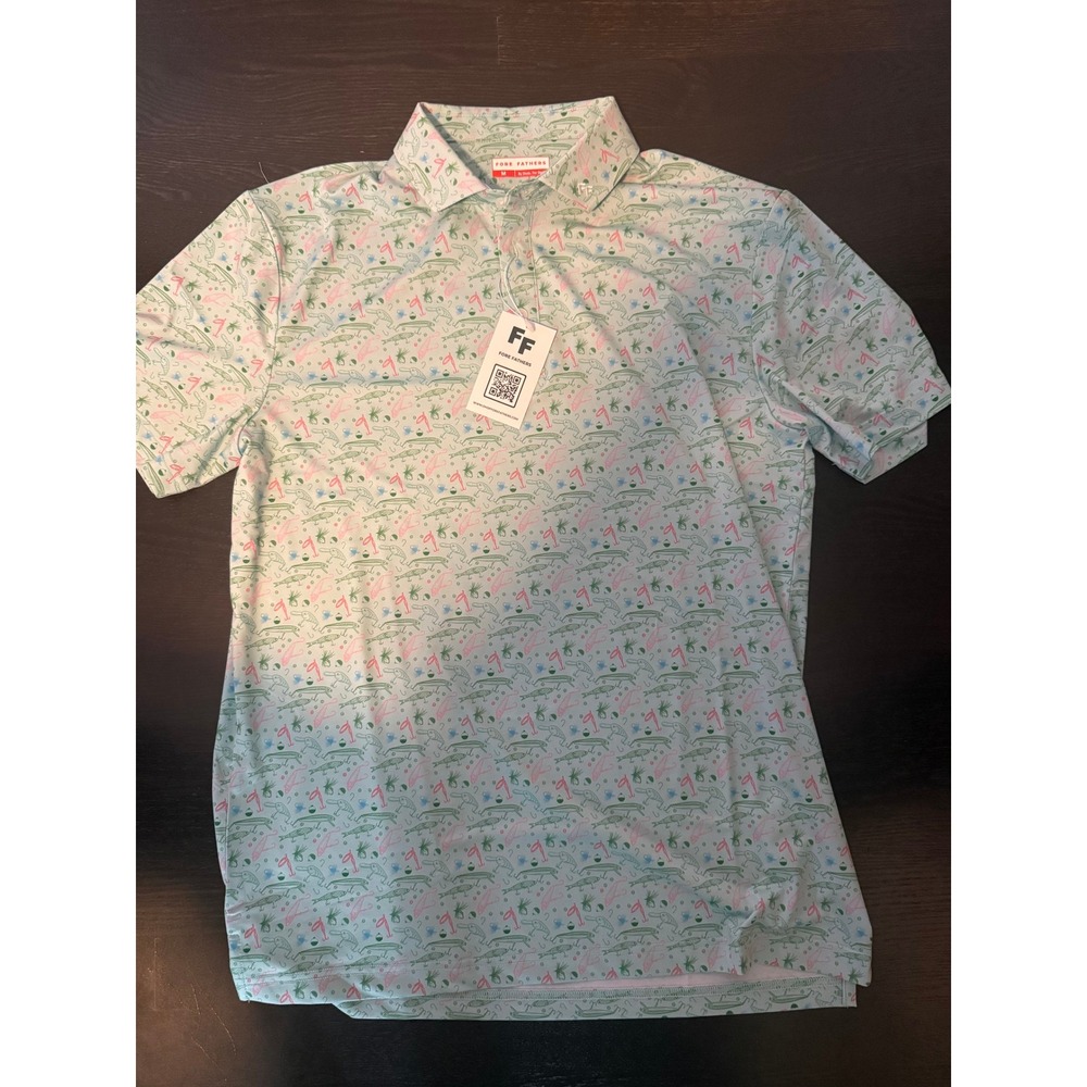 Fore Fathers Mens Fishing Lure Print Polo Shirt Mint Seafoam Green Performance M